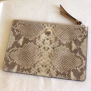 Coach clutch mini bag python print leather zip close pouch tan brown cream snake